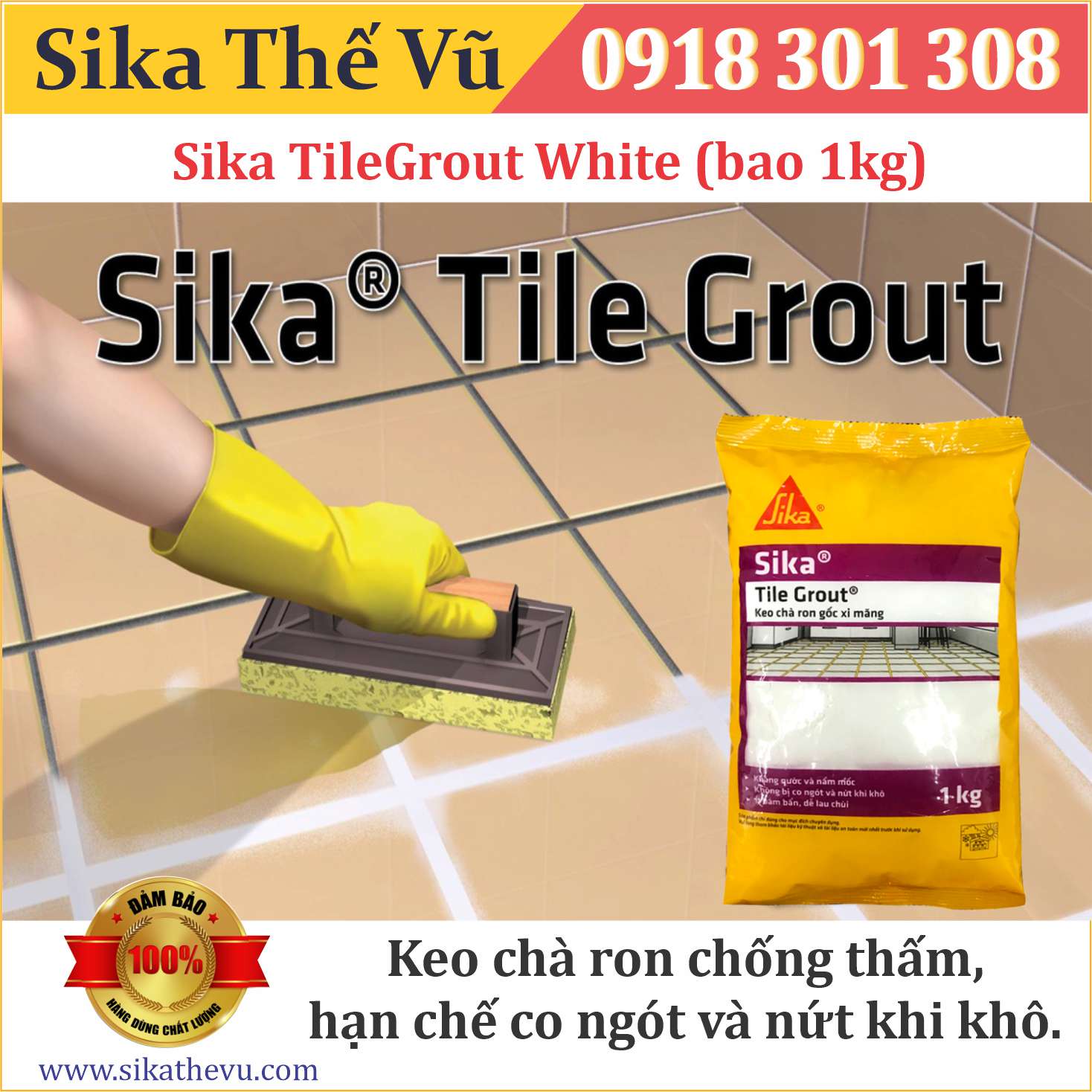 Combo thùng 15 bao keo chà ron chống thấm, chống bám bẩn - Sika TileGrout White (bao 1kg)