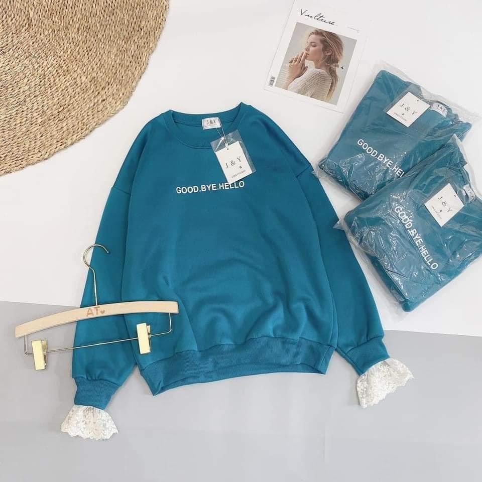 Áo Sweater Nỉ Hàn Quốc Xanh Tây Tay Dài Dáng Rộng HELLO Siêu Xinh