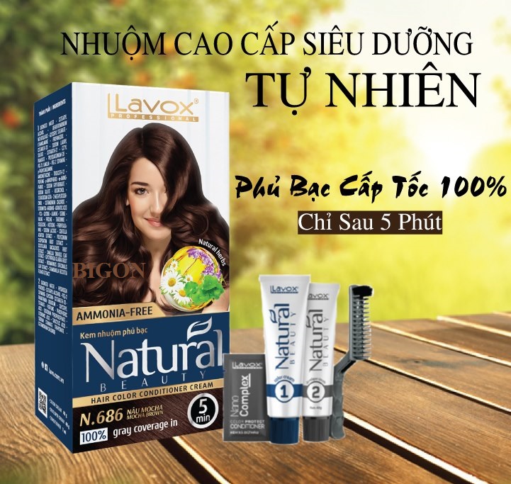 (Nâu Mocha) Kem Nhuộm Phủ Bạc Cao Cấp Siêu Dưỡng, Tự Nhiên Lavox N.686 - Mocha Brown