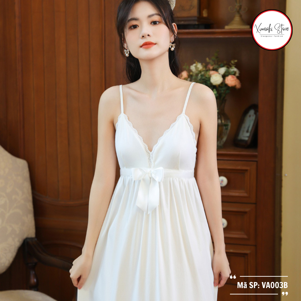 Váy nữ 2 dây dáng dài họa tiết nơ chất cotton cao cấp 2 màu trắng vàng Xumaki Store VA003B