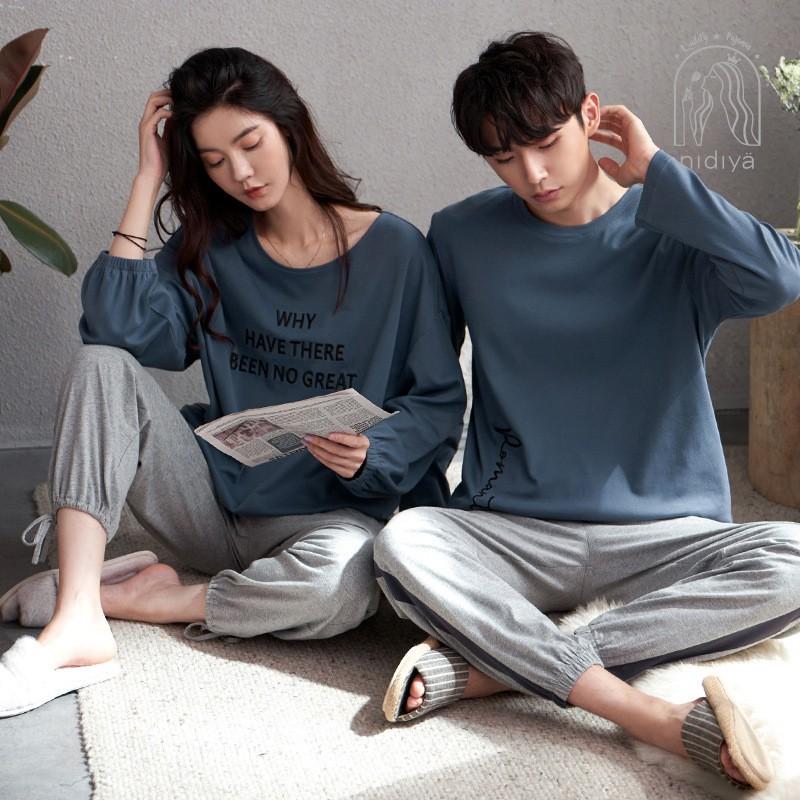 Bộ dài nữ mặc nhà thun cotton màu xanh ghi bo gấu vai buông