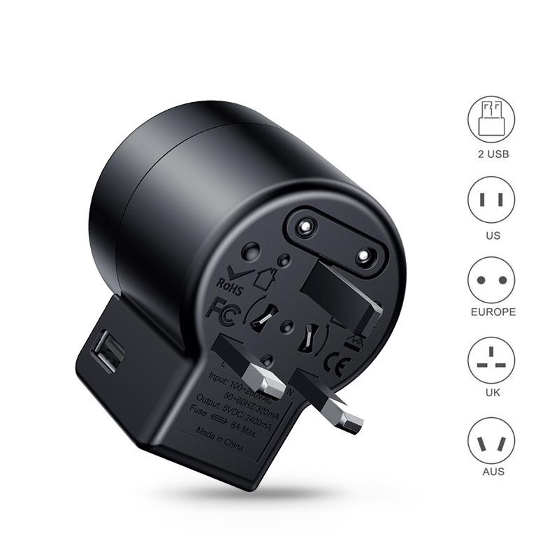 Bộ sạc chân cắm xoay đa năng Baseus 2 Cổng USB 2.4A (US/ UK/ EU/ AU, Universal USB Travel Charger/ Adapter) - Hàng nhập khẩu