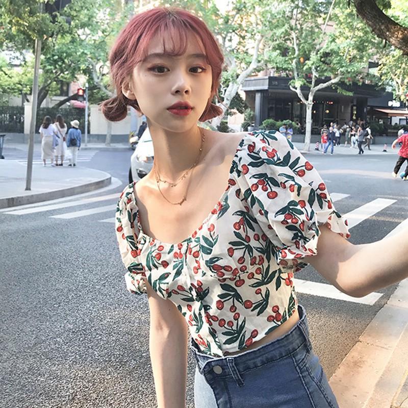 Áo Kiểu Tay Phồng Cổ Vuông Hoạ Tiết Hoa Phong Cách Vintage