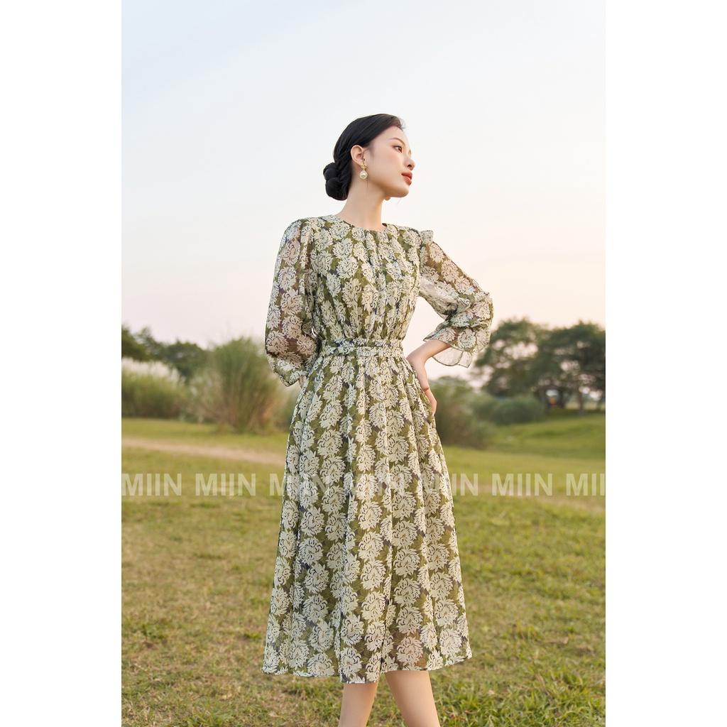 D00582 - Đầm thiết kế cao cấp voan tơ green chiffon cổ tròn