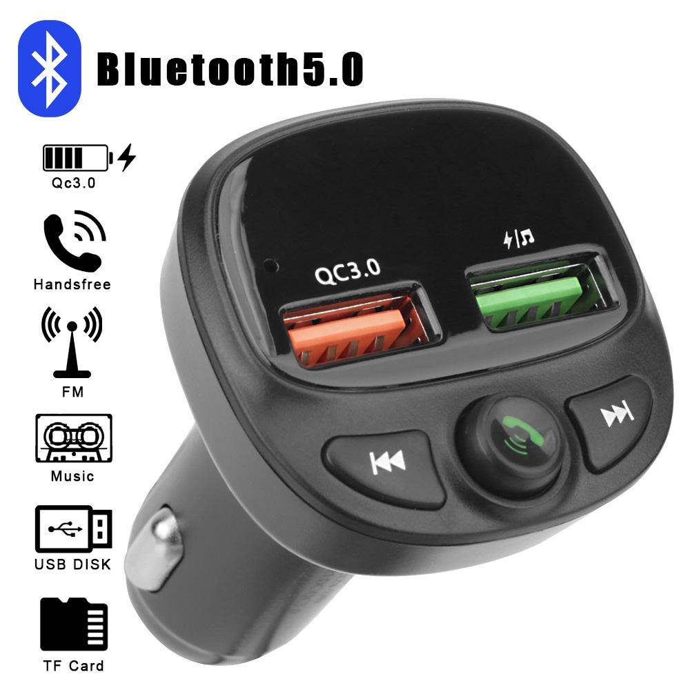 Tẩu sạc hai cổng USB Bluetooth 5.0 QC 3.0 có đèn LED hỗ trợ thẻ nhớ TF/ máy nghe nhạc MP3 rảnh tay cho xe hơi