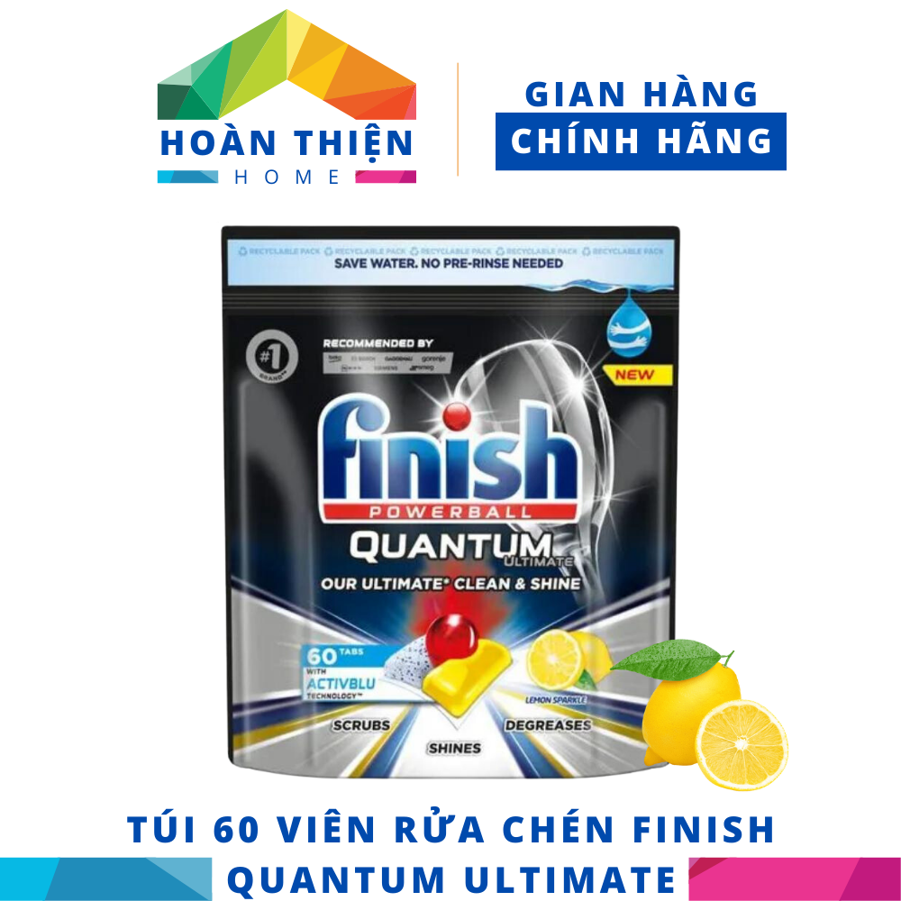 Combo Finish 1 túi viên rửa chén Quantum 60 viên + Nước làm bóng 400ml + Muối Rửa Chén Bát 1.5kg