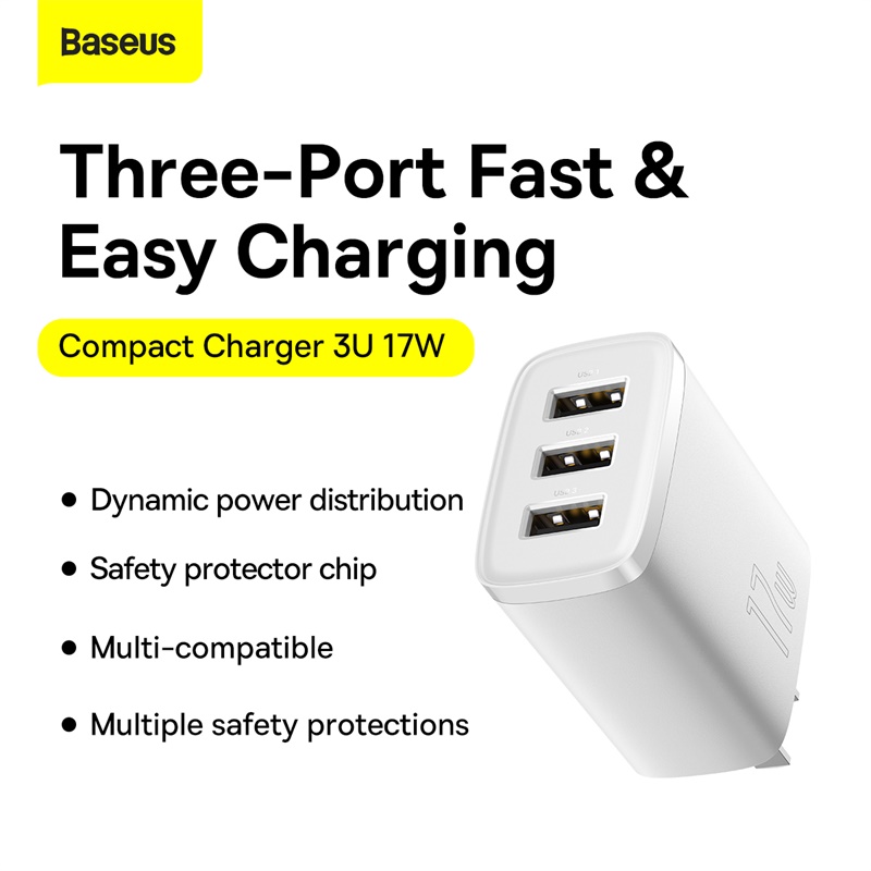 Cốc Sạc Đa Năng 3 Cổng Sạc Baseus Compact Charger 17W - Hàng chính hãng