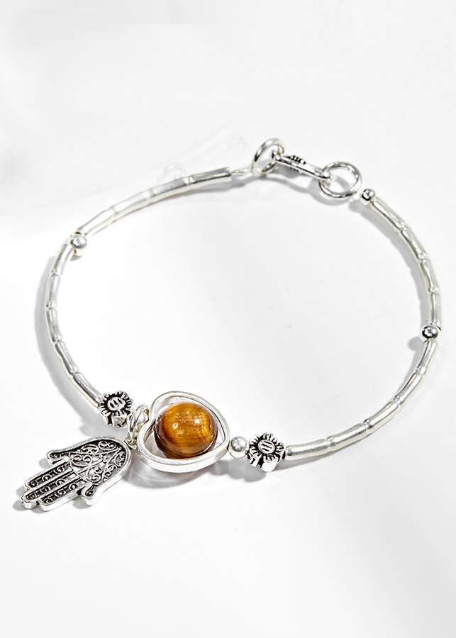 Vòng Tay Bạc 1 Hạt Đá Mắt Hổ Vàng Nâu Phối Charm Bàn Tay Hamsa Bạc Ngọc Quý Gemstones