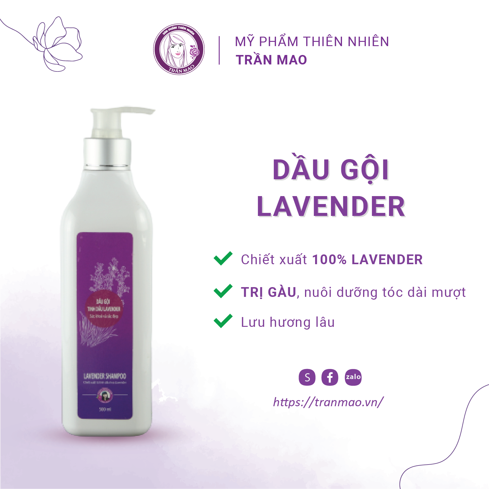 Dầu Gội Tinh Dầu Oải Hương Lavender Tự Nhiên Trần Mao - Dầu Gội Dưỡng Tóc Chắc Khỏe, Bóng Mượt