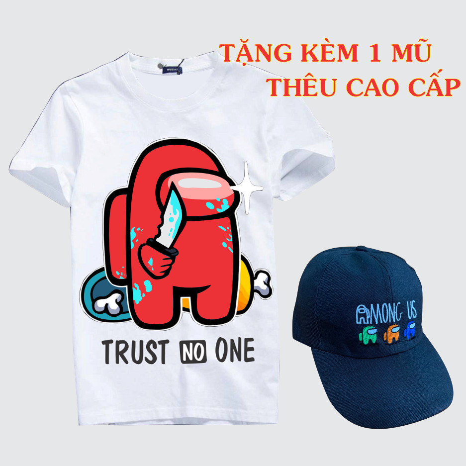 Combo Áo + Nón Áo AMong Us Màu Trắng Hình Đỏ Hình In 3D Sắc Nét TẶNG 1 Nón Thêu AMONG US Chất Liệu Kaki