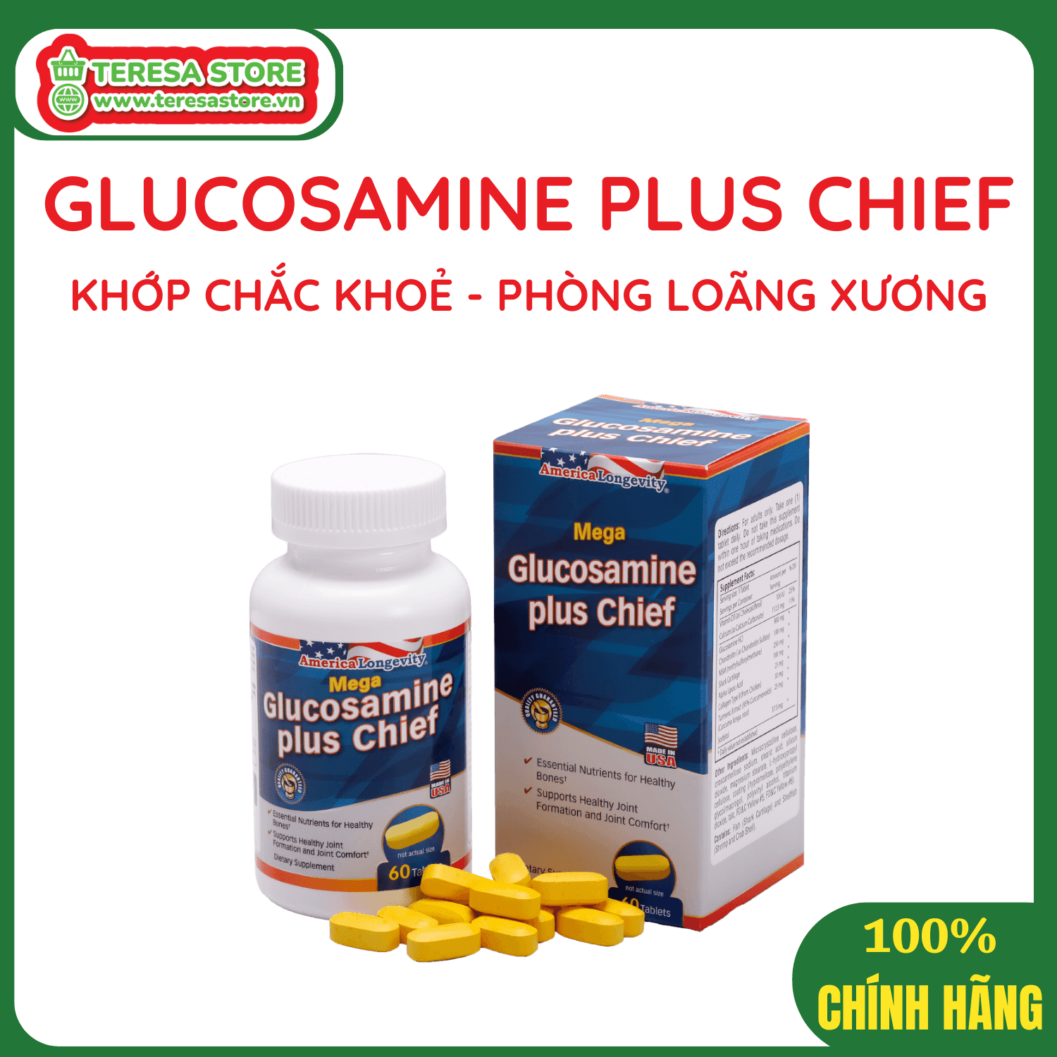 Viên Uống Glucosamine Plus Chief Giúp Bổ Xương Khớp Và Phòng Loãng Xương Hộp 60 Viên