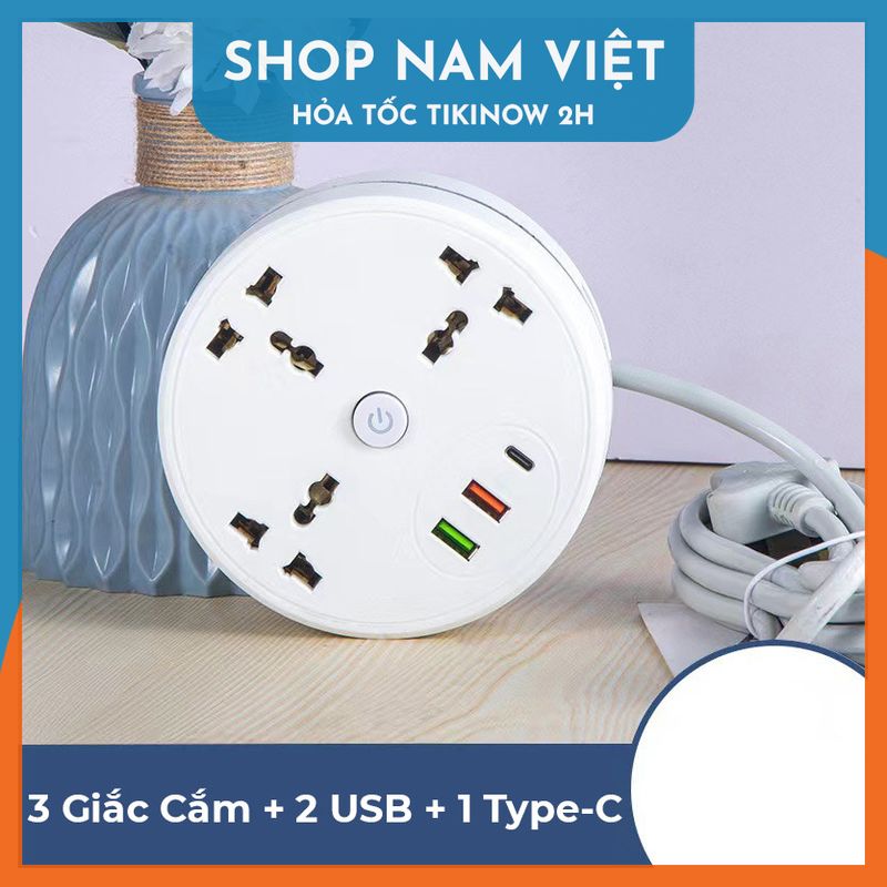 Ổ Cắm Điện Tròn Thu Gọn Dây Có Cổng USB Type-C