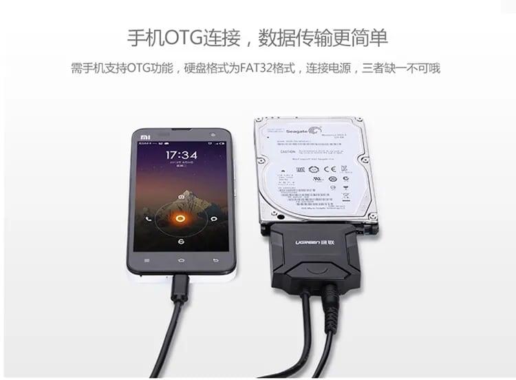 Ugreen UG20216CR108TK 25CM màu Đen Bộ chuyển đổi USB 2.0 sang SATA ổ cứng hỗ trợ OTG - HÀNG CHÍNH HÃNG