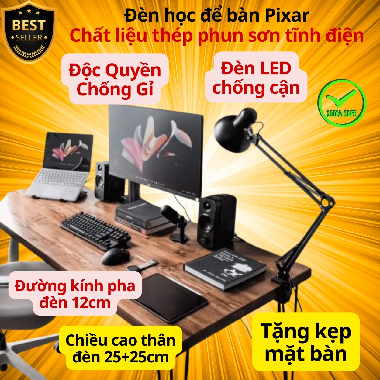 Hình ảnh Đèn học PIXAR Bóng LED Chống Cận Bảo Vệ Mắt Có Tặng Kẹp Bàn Chắc Chắn ĐK 12cm Chất Liệu Thép Phun Sơn Tĩnh Điện D Danido