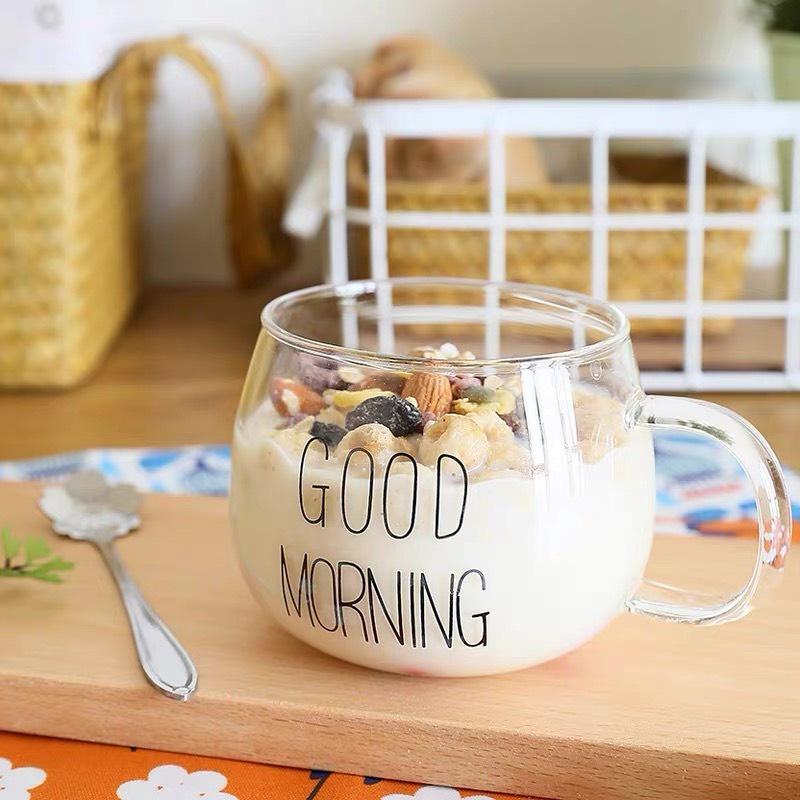 Cốc thủy tinh chịu nhiệt có quai cầm Good Moring - Cốc uống nước, ăn sáng ngũ cốc, uống trà,...