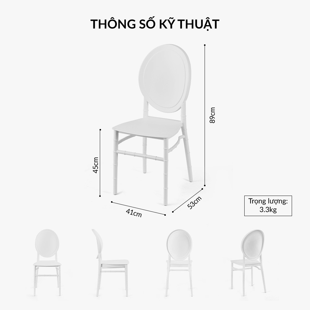 Ghế nhựa đúc nguyên khối trắng tinh khôi cho nhà hàng tiệc cưới