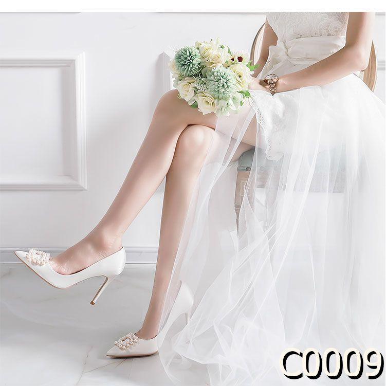 SẴN Giày phù dâu nữ gót nhọn màu trắng chủ đạo đám cưới cô dâu