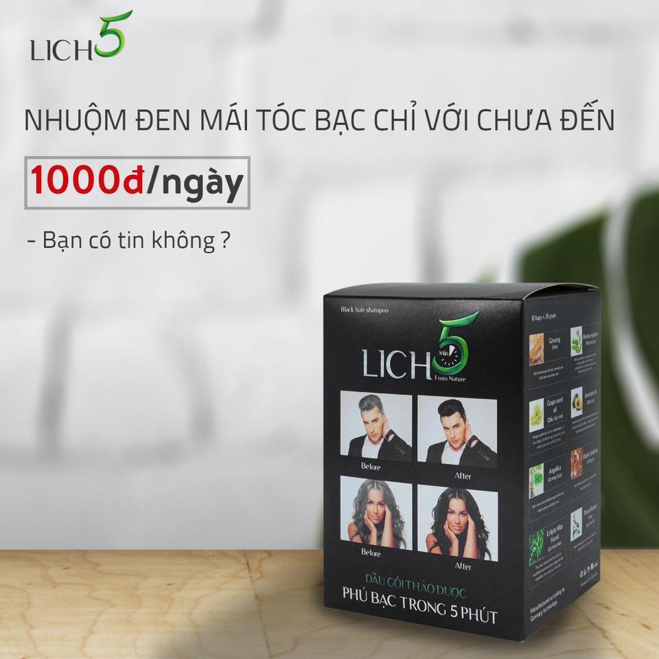 Dầu gội nhuộm tóc Lich5 màu nâu đen - Lên màu tự nhiên - Sử dụng đơn giản, tiện lợi, mùi dễ chịu - Tặng bộ kit tự nhuộm tại nhà