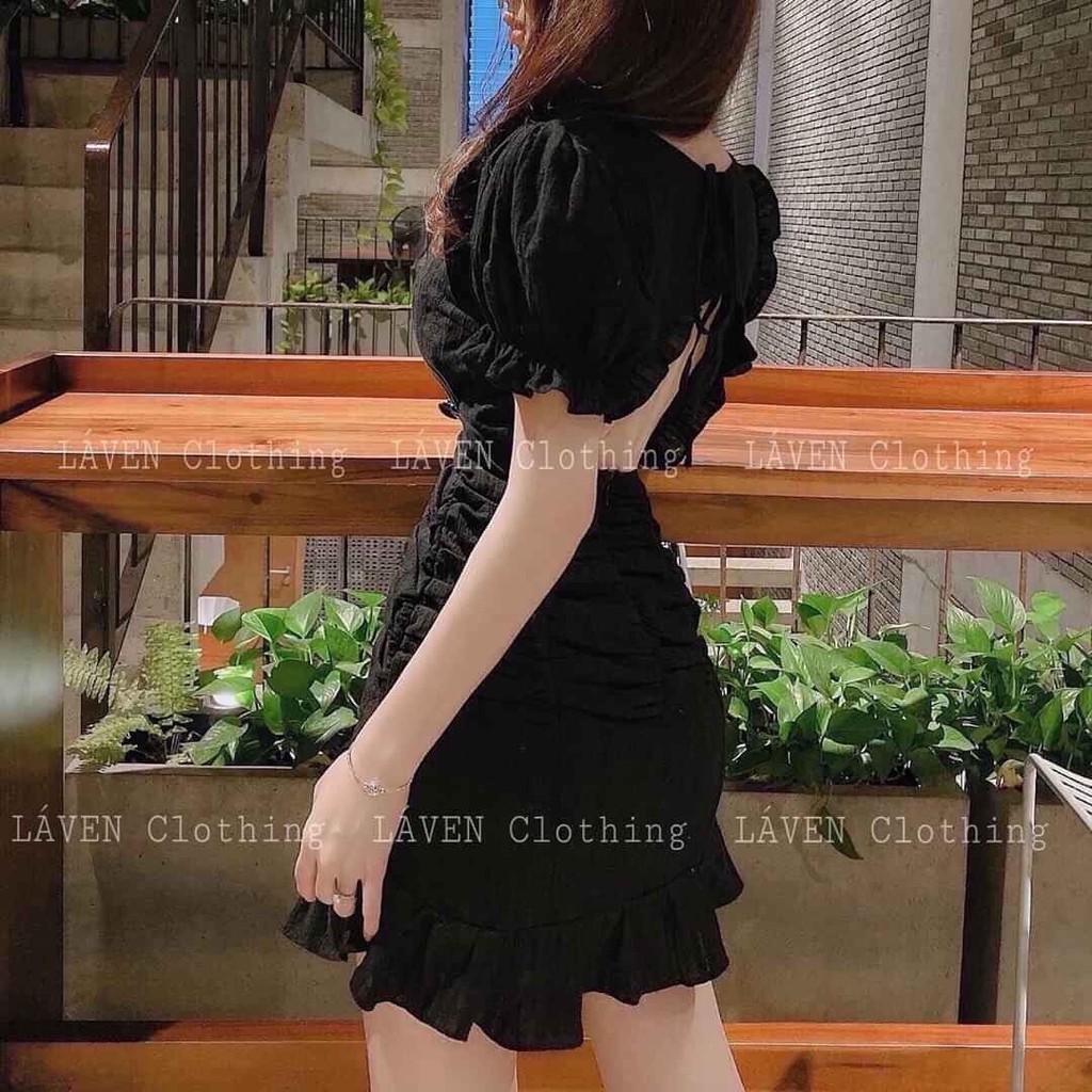 Đầm Body Nhún Eo Tay Phồng Chân Váy Bèo