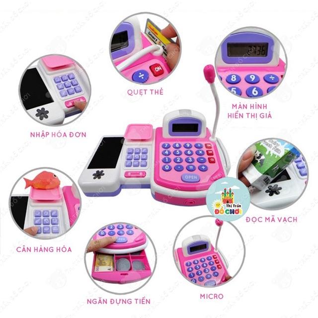 Đồ chơi máy tính tiền siêu thị màu hồng dùng pin, có âm thanh, quẹt thẻ, quét mã vạch cho bé 5911