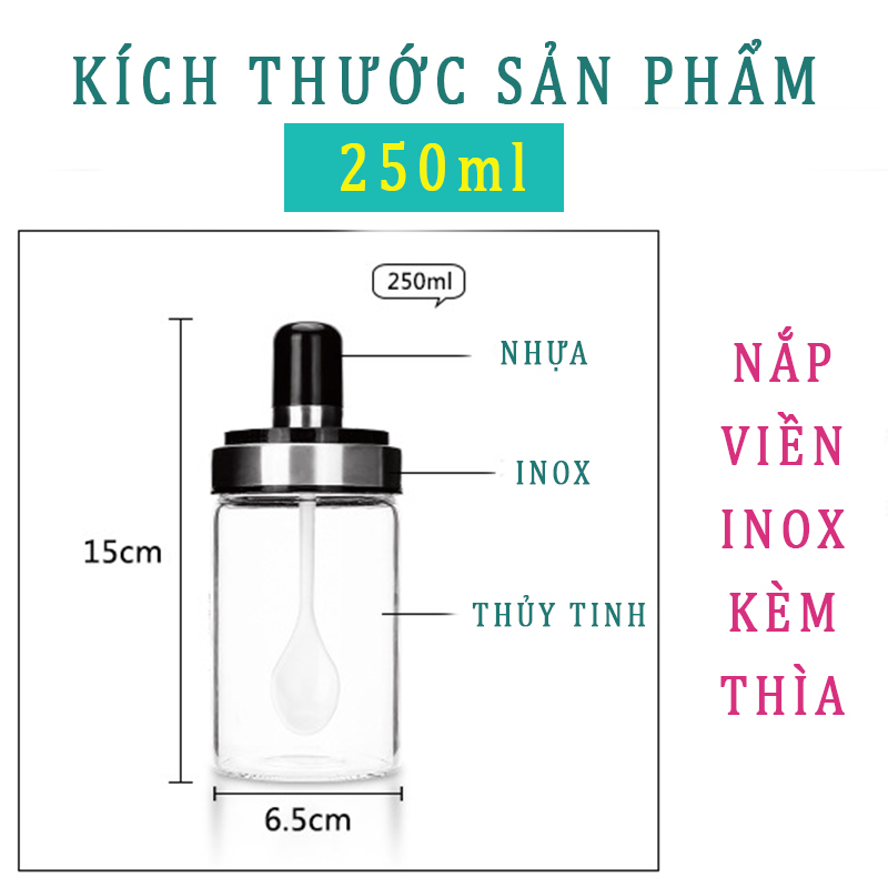 Combo 04 Hũ Đựng Gia Vị, Lọ Đựng Gia Vị Thuỷ Tinh Viền Inox Kèm Muỗng