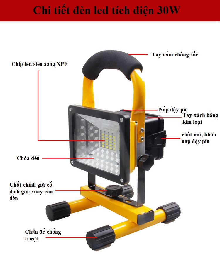 Đèn 24 led công suất 30W sử dụng 3 pin sạc - Đèn led siêu sáng tiết kiệm điện