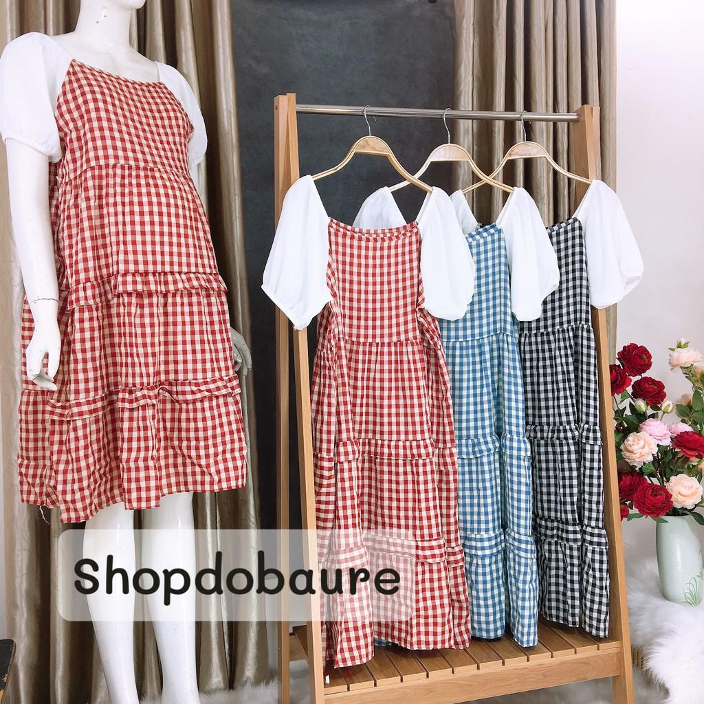 Váy bầu kẻ cổ vuông tay trắng