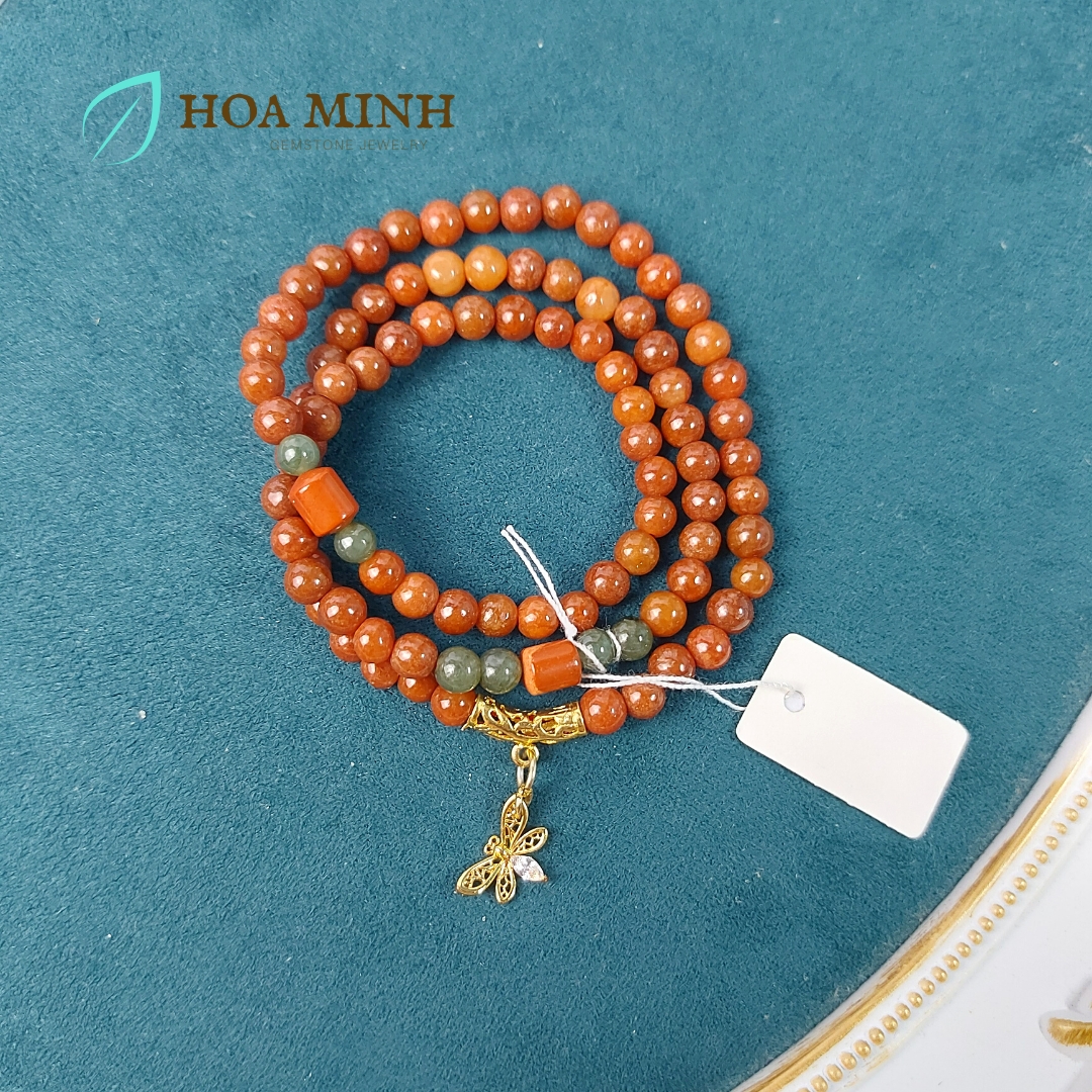 Vòng tay chuỗi Cẩm Thạch Huyết size 5.5 li phong cách đeo quấn 3 vòng phối charm bướm, ngọc jasper, có thể làm vòng cổ
