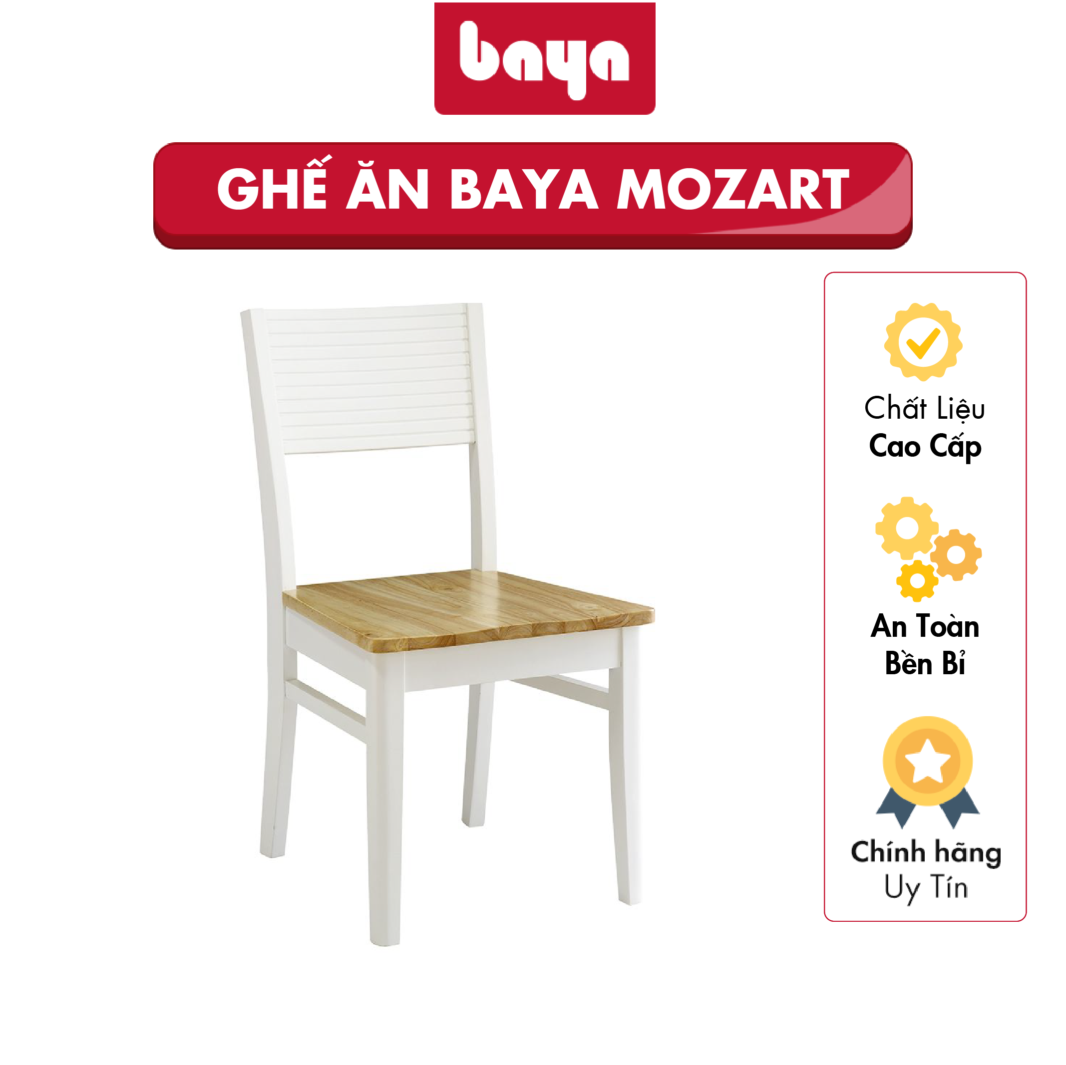 Ghế Bàn Ăn Gỗ BAYA MOZART Dining Chair Thiết Kế Nhỏ Gọn Mặt Ghế Gỗ Cao Su Dẻo Dai Màu Nâu Nhạt Có Vân Gỗ, Lưng Ghế Bản To, Thanh Ghế Vuông