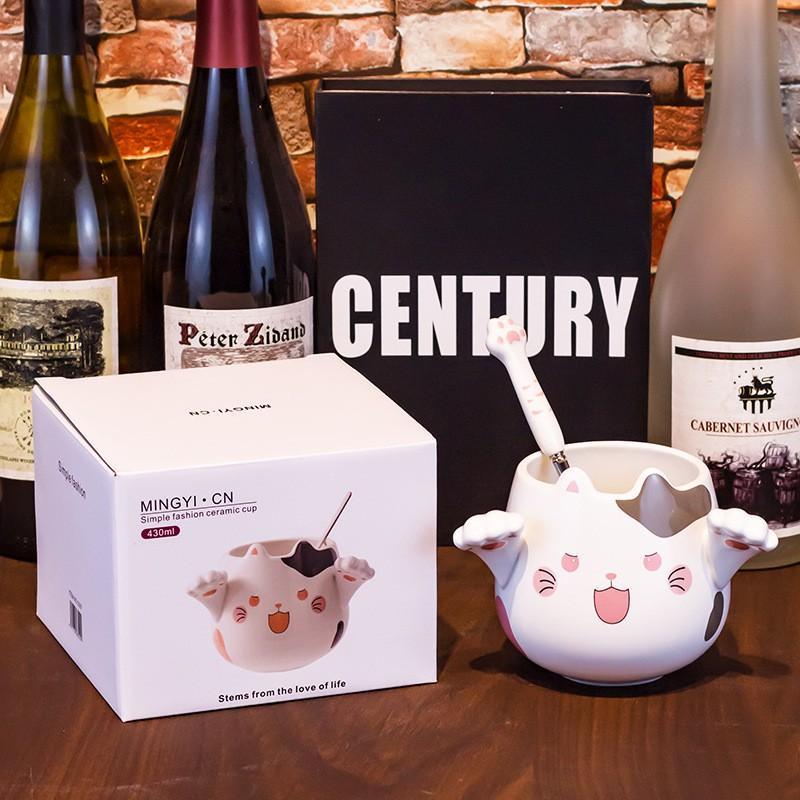Cốc Sứ Cafe Mèo 3D Có Bàn Tay Cho Bạn Gái Dễ Thương Kèm Thìa, Ly Sứ Cỡ To Tặng Quà Sinh Nhật