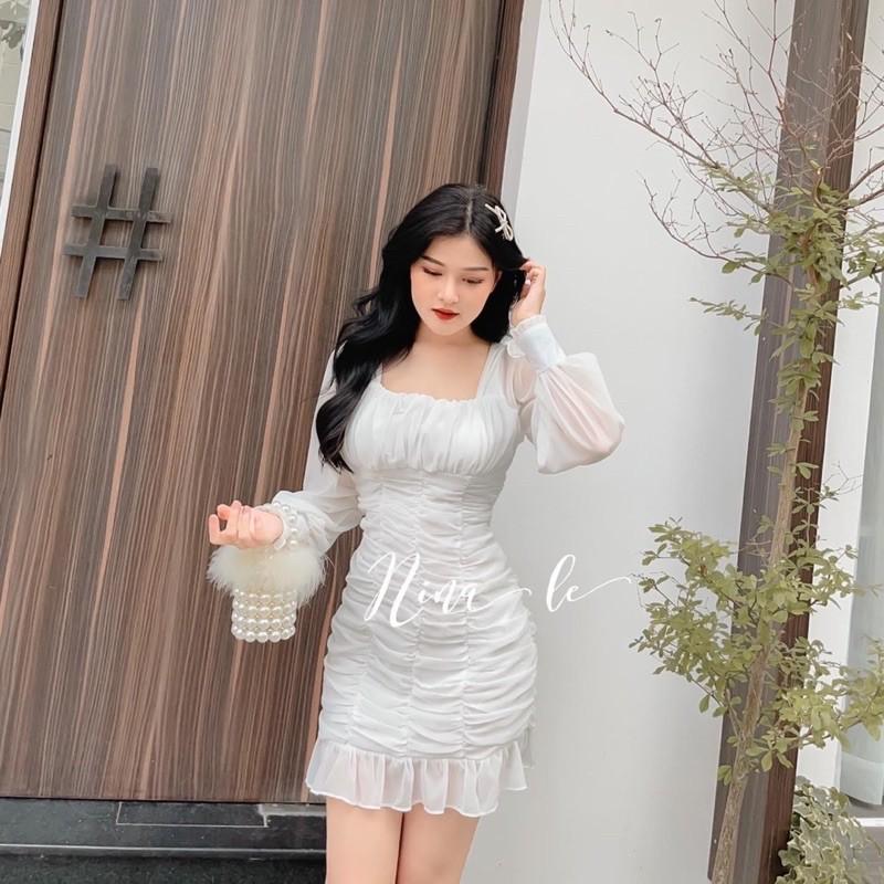Đầm trắng lai bèo nhún ngực nhún thân nữ thời trang hàn quốc