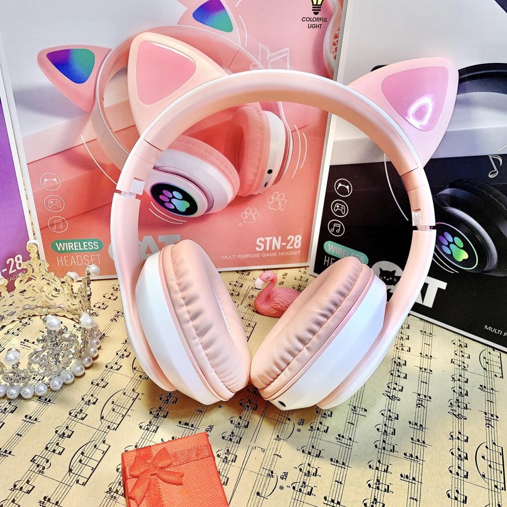 Tai nghe bluetooth chụp tai cute dễ thương, Headphone có đèn led 7 màu nhấp nháy, Tai mèo có thể tắt đèn