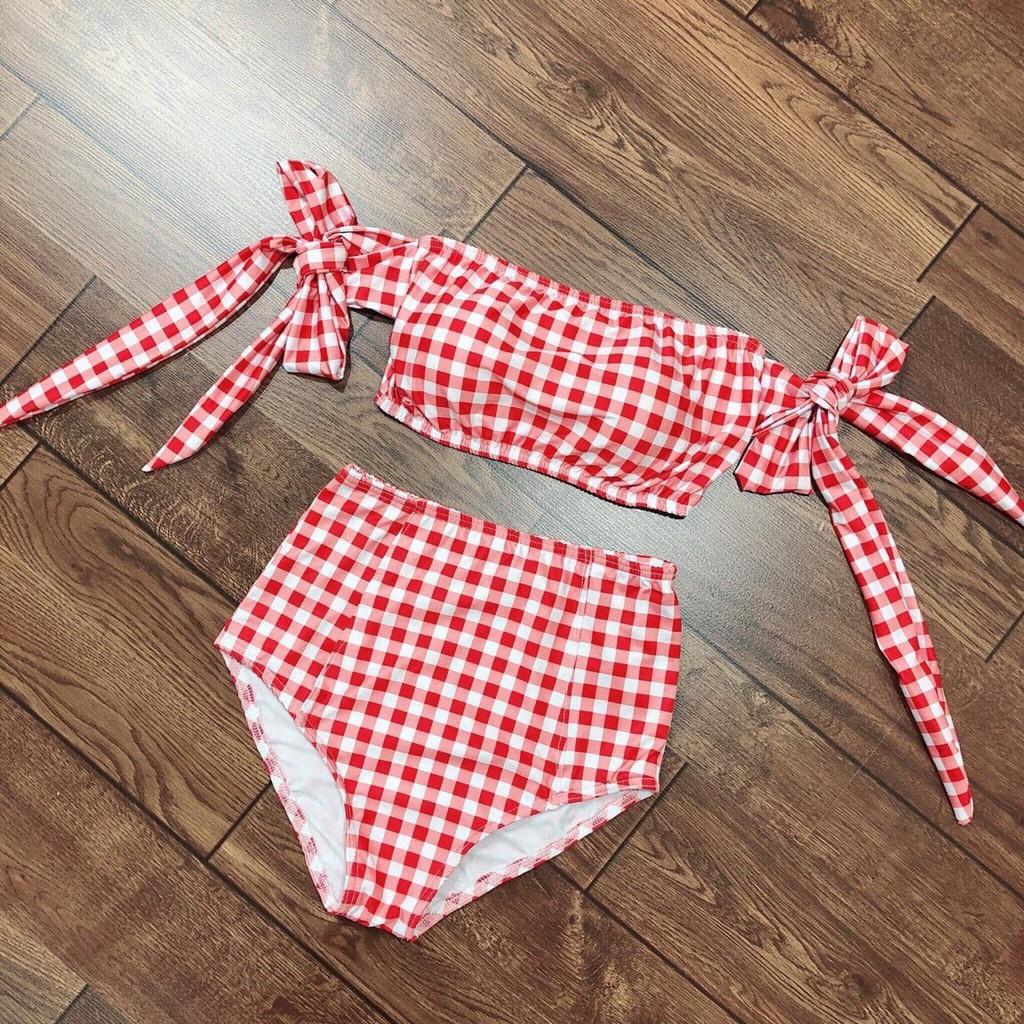 Bikini, Đồ Bơi Đi Biển Hai Mảnh Caro Nơ Vai Đỏ Quần Cạp Cao ODERI HM-017