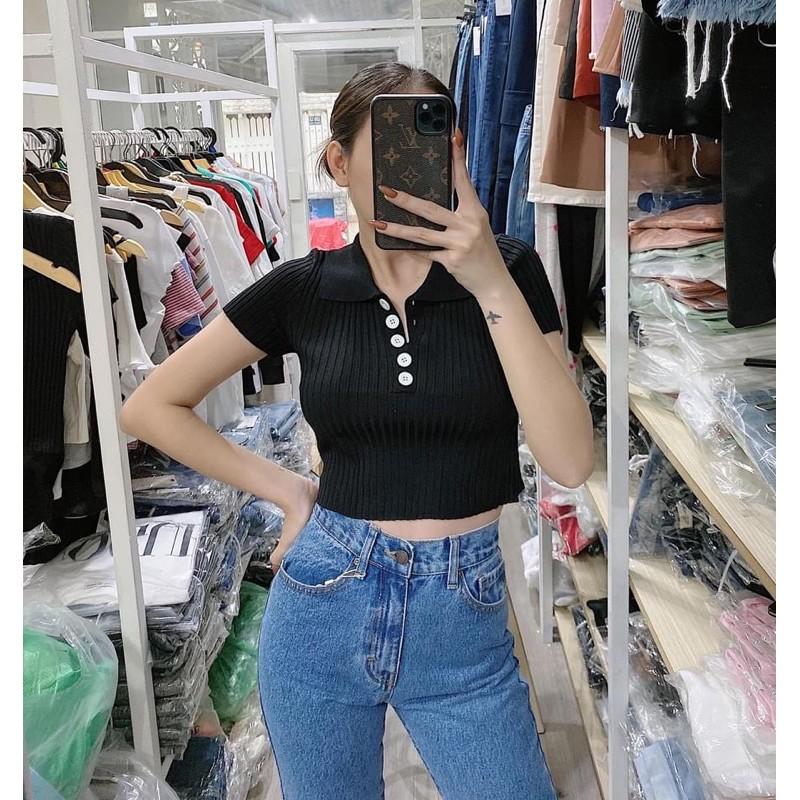 Áo Croptop Thun Len Tăm Polo Tay Ngắn