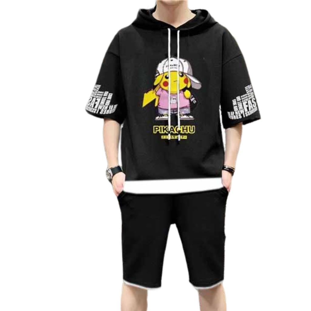 Đồ Bộ Quần Áo Thể Thao Nam Mùa Hè Chất Thun Mè Co Giãn 4 Chiều 3 Màu PIKACHU