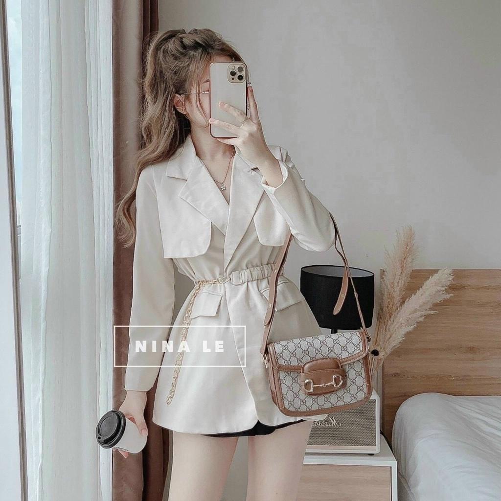 FREE SHIP Sét Bộ Đồ Nữ Áo Cổ Vest Dài Tay Có Dây Nịt Bụng Kèm Quần Short Thiết Kế Sang Chảnh KIM GIA DS