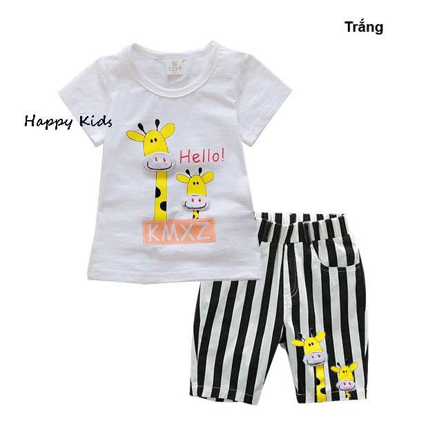 Bộ quần áo cho sơ sinh, trẻ nhỏ ngắn tay, mặc đi chơi cùng bố mẹ, in nổi hươu, quần in sọc đen trắng
