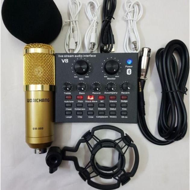 Combo mic livestream thu âm hát karaoke BM900 + sound card V8