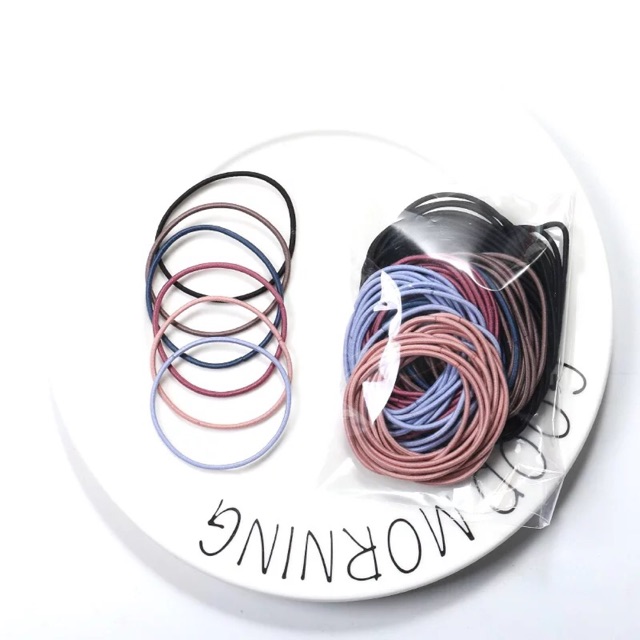 Túi 100 chun buộc tóc nhiều màu đựng túi zip