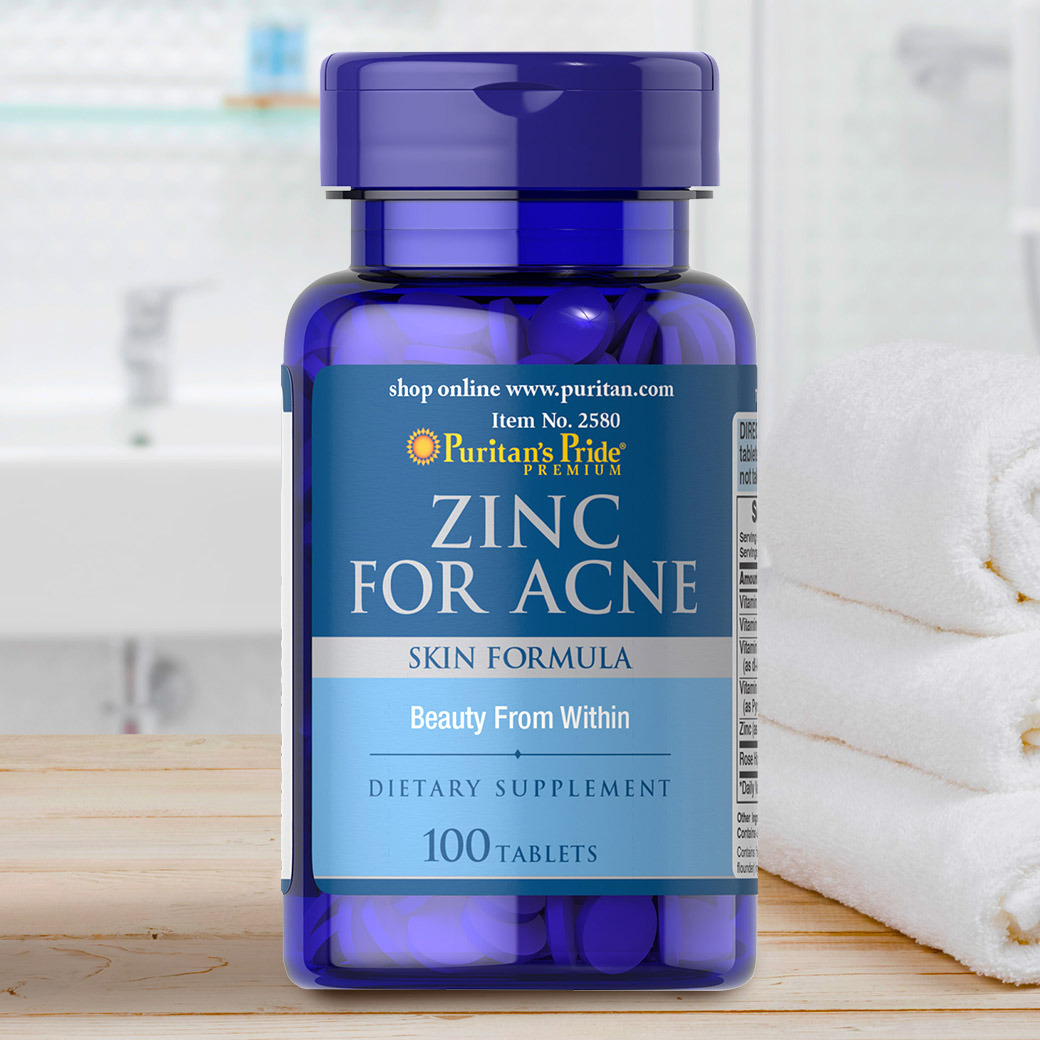 Kẽm hỗ trợ trị mụn, làm đẹp da mụn Puritan'S Pride Premium Zinc For Acne Mỹ gồm kẽm và Vitamin C, B-6, A và E - OZ Slim Store