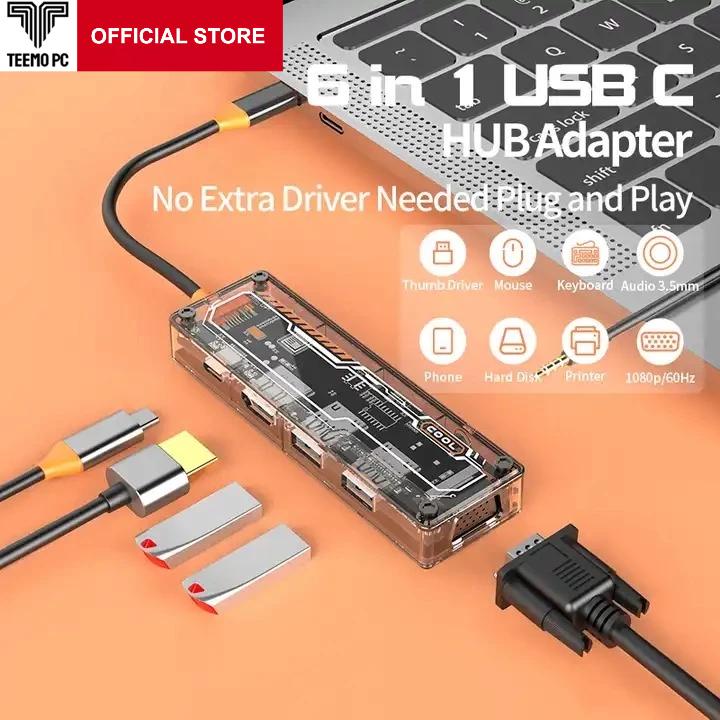 Bộ HUB TEEMO PC Chia 6 Cổng Trong Suốt USB Type C HDMI PD Dùng Cho Laptop Surface Macbook IPad Điện Thoại SW6V Hàng Chính Hãng