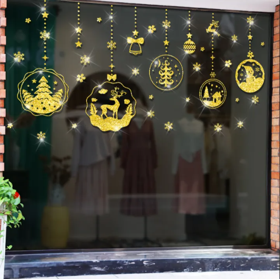 Decal trang trí Noel - Rèm trái châu lớn nhũ kim tuyến vàng lấp lánh