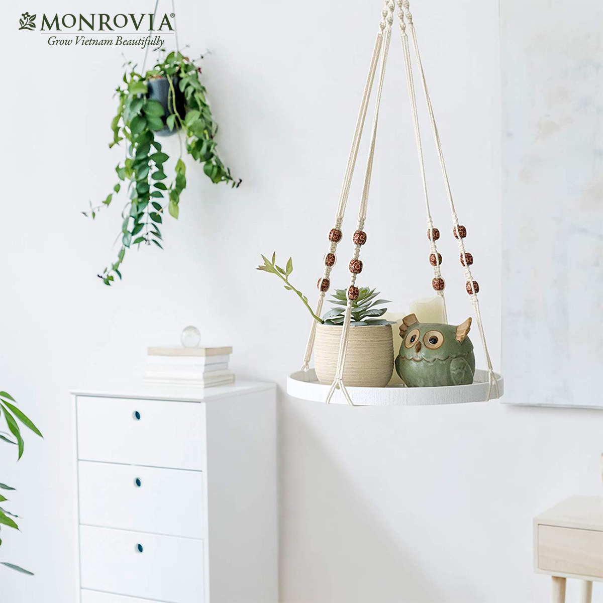 Set dây treo Macrame kèm đĩa đựng chậu MONROVIA, trang trí trong nhà, sân vườn, đan thủ công tỉ mỉ, Tiêu chuẩn Châu Âu