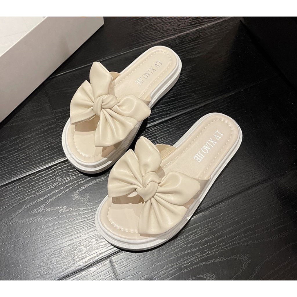 Dép lê nữ thời trang thắt nơ tiểu thư đế 3 phân da mềm siêu xinh Sóc Shoes, dép quai ngang tiểu thư phong cách mới