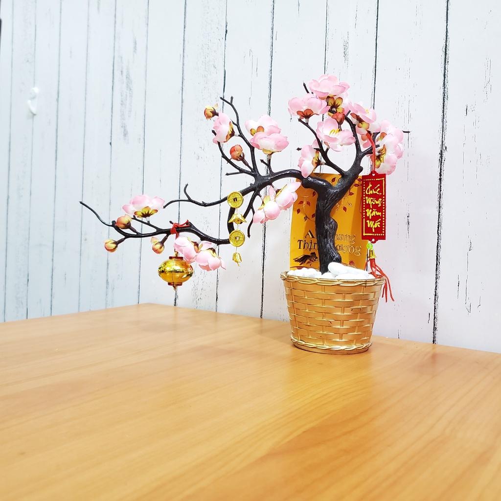 Chậu đào nhí giả dáng bon sai trang trí tết cao 25cm