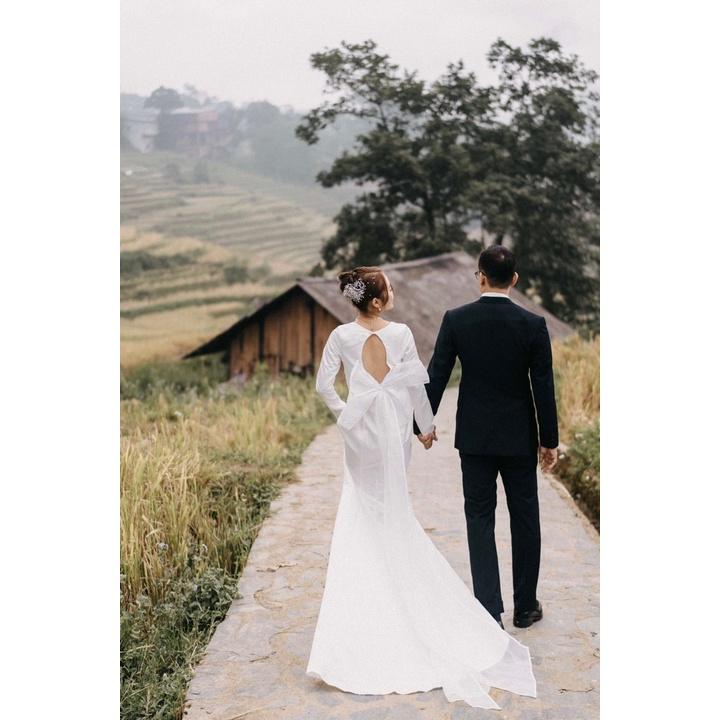 Đầm váy cưới maxi đuôi cá dài phi nhật dày dặn hở nơ lưng nơ lưng trắng đỏ mặc cưới đi biển dự tiệc dạo phố bigsize