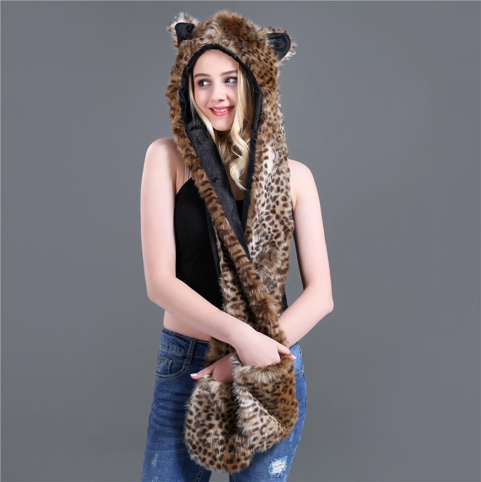 Hot Áo Lông Thú Giả Ấm Khăn Quàng Cổ Cho Mùa Đông Sói Hổ Husky Hood Khăn Mũ Găng Tay Bộ Nữ Cô Gái Động Vật Tinh Thần mũ Lưỡi Trai