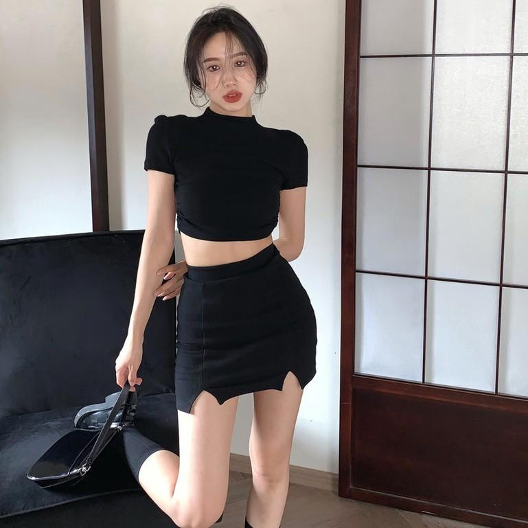 【Cocory】Korean Women Sexy Knit Backless Short-sleeved T-shirt+ High waist Buttocks Slim A word Mini Skirt Individual Sets