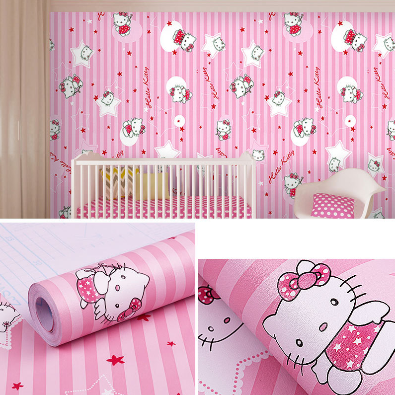 Combo 10 mét giấy dán tường, decal dán tường trang trí nhà cửa KITTY SỌC HỒNG khổ 45cm