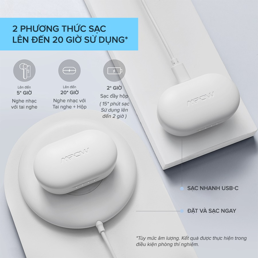 Tai Nghe BlueTrue Wireless MPOW MX3, Sạc Không Dây, BT 5.0, Cảm Ứng, Kháng Nước IPX4, Nghe Đến 25H - Hàng Chính Hãng